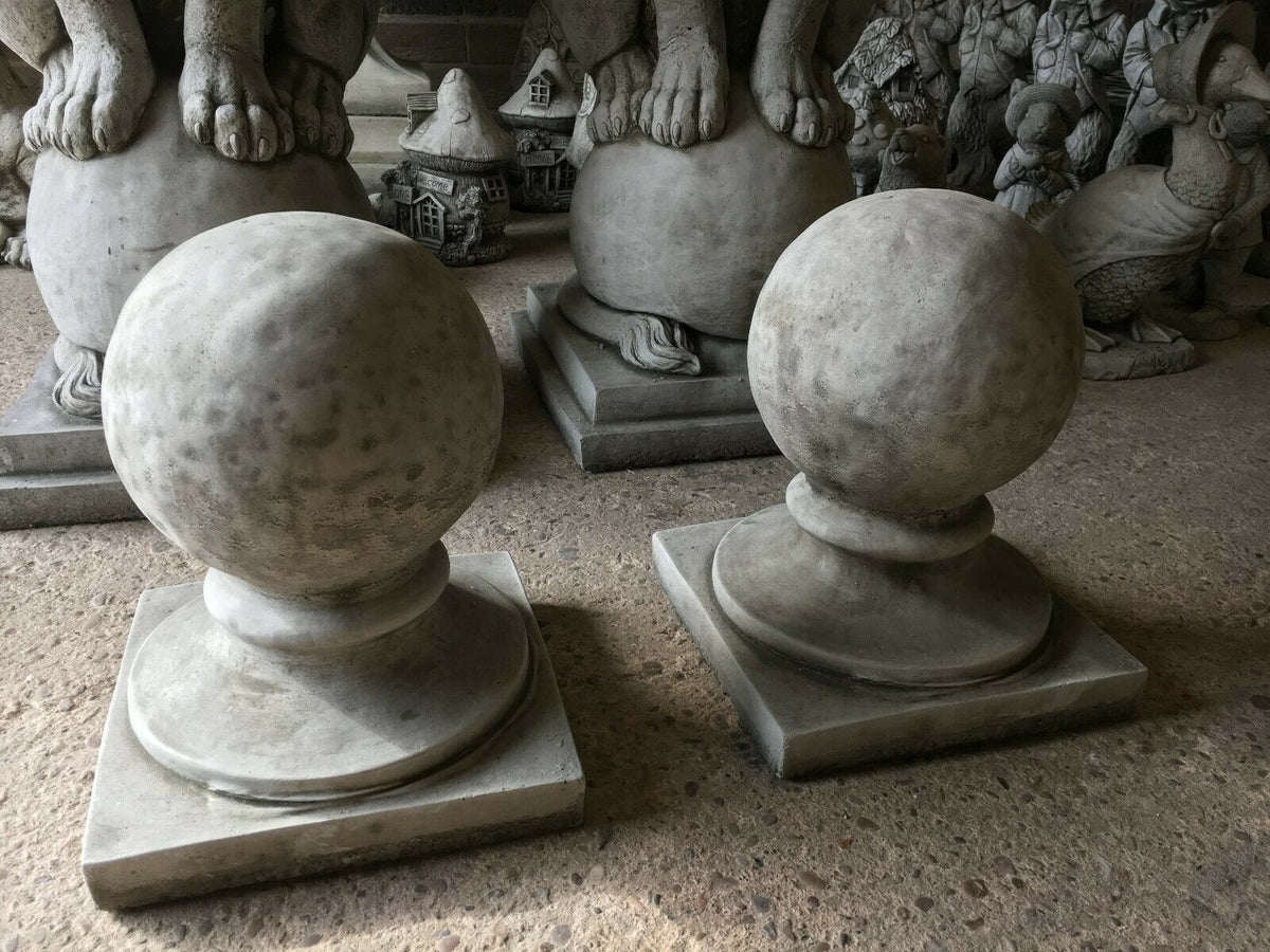 Stone Garden Finial - Stunning Stone Ball | Durable Design. Pair of grey stone ball finials with smooth finish, perfect for gate or driveway posts.