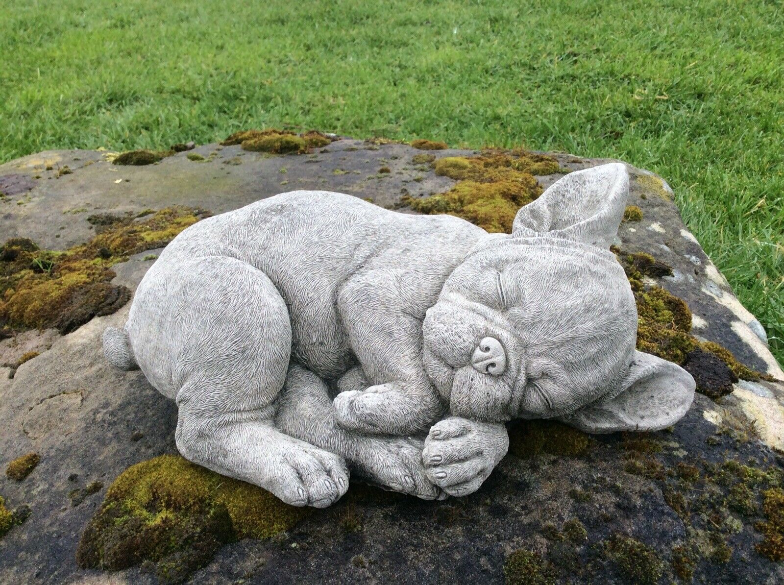 French Bulldog Garden Ornament - Stone Sleeping sculpture resting on mossy rock, ideal for outdoor garden decor and pet-themed lawn ornaments.