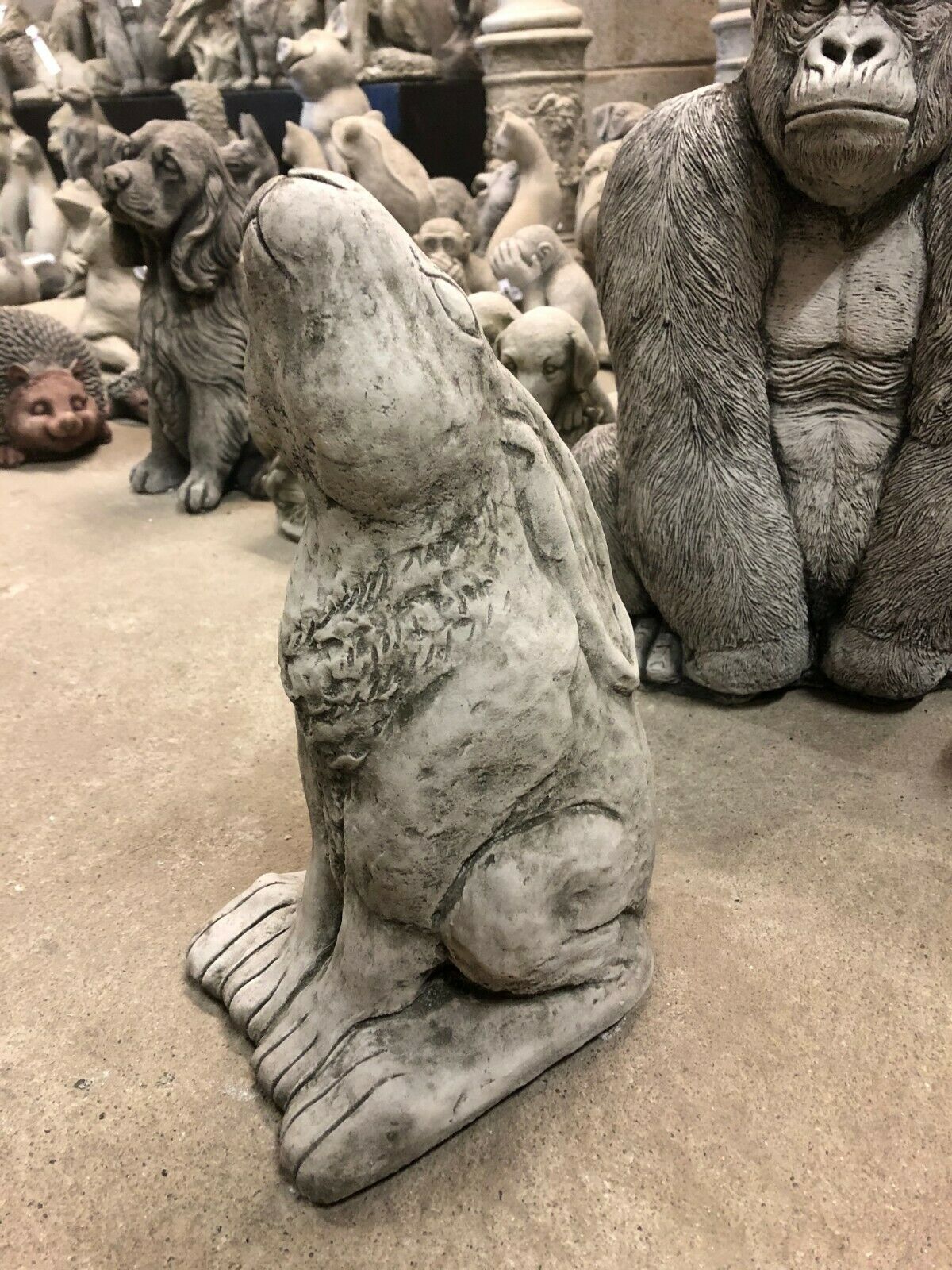 Angled view of the Moongazing Hare Stone Statue with detailed chest fur and expressive posture, enhancing any garden or lawn space.