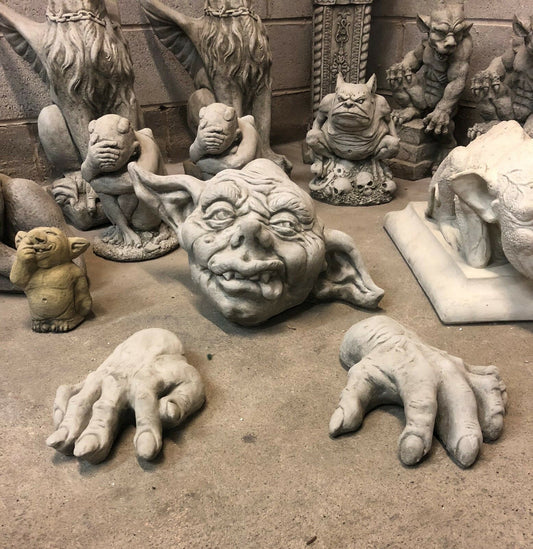 Stone Zombie Set Ornaments - Garden Decor|Limestone, Weatherproof. Includes grotesque zombie head and clawed hands, ideal for flowerbeds or lawns.