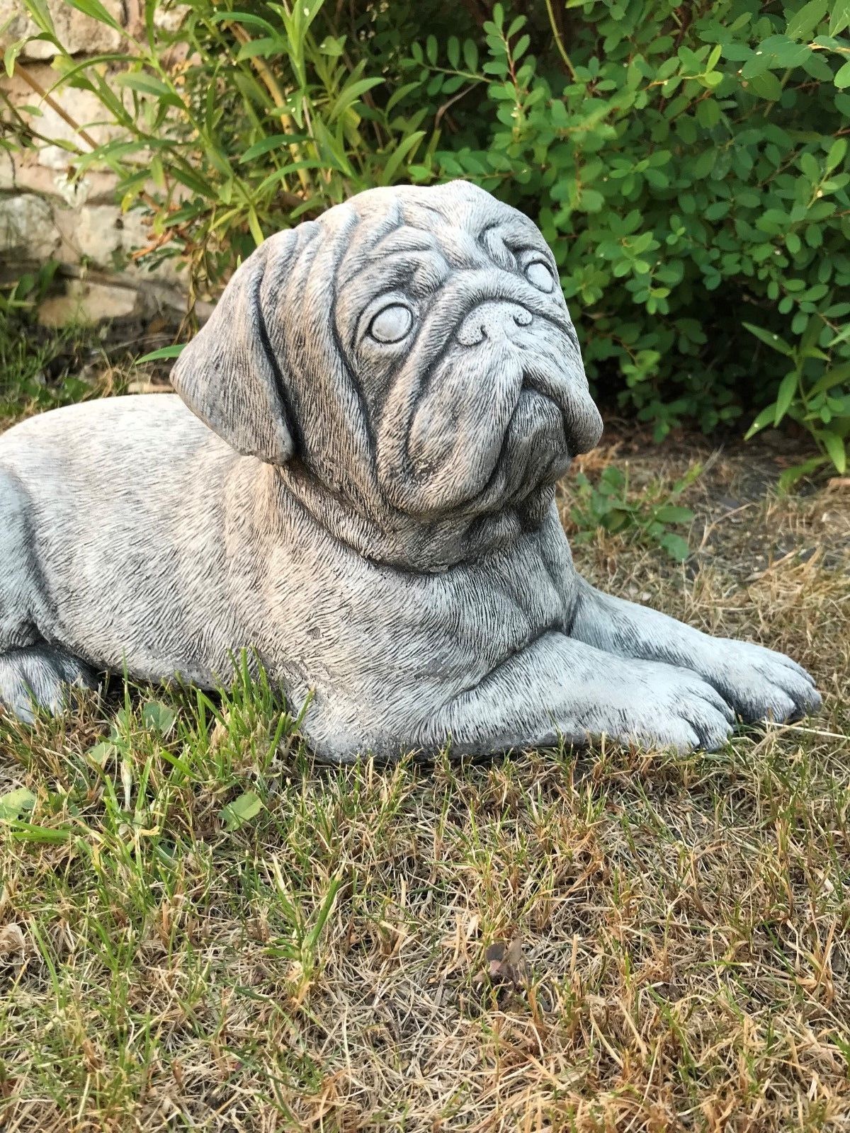 Close-up of Stone Pug Sculpture - Garden Ornament showing lifelike facial features and limestone craftsmanship, perfect for patios or lawns.